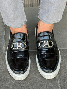 Benson Croc. Design with Iron Detailed Black Loafer