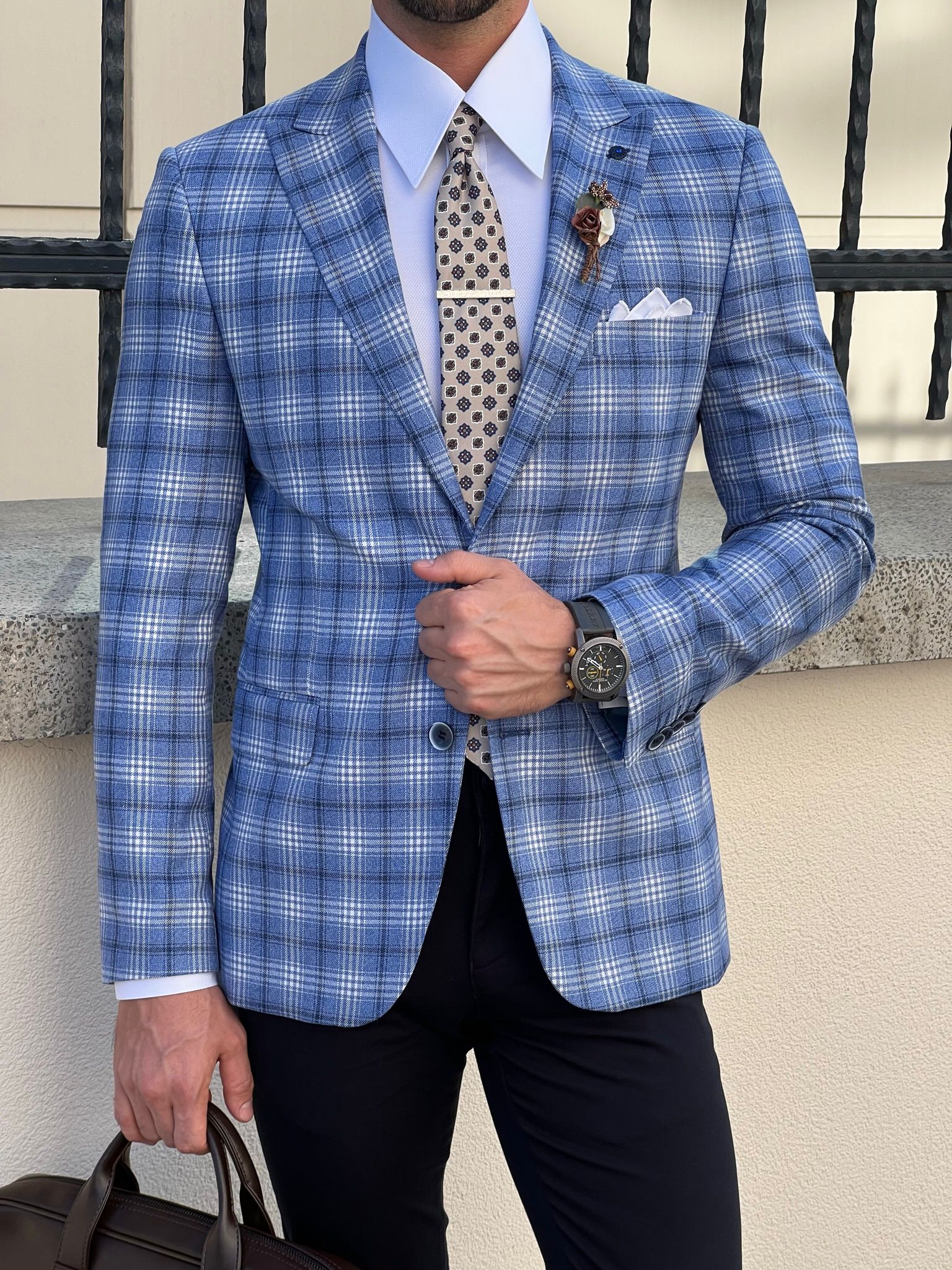 Naze Slim Fit High Quality Mono Collar Blue Plaid Woolen Naze Slim Fit High Quality Mono Collar Blue Plaid Woolen