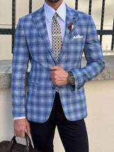 Load image into Gallery viewer, Naze Slim Fit High Quality Mono Collar Blue Plaid Woolen Blazer
