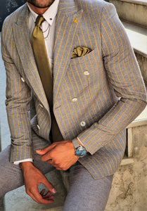 Verno Slim Fit Striped Double Breasted Grey & Yellow Suit