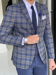 Chad Slim Fit Plaid Grey & Sax Linen Blazer