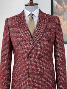 Connor Slim Fit Double Breasted Claret Red Patterned Coat