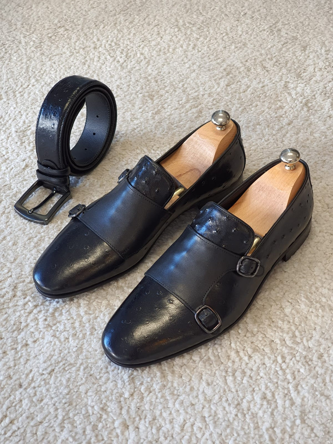 Everson Sardinelli Double Buckled Drop Leather Black Shoes