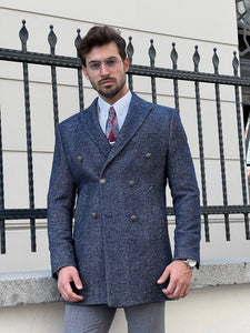 Efe SLim Fit Double Breasted Woolen Marbled Navy Coat
