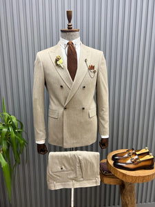 Noah Slim Fit Double Breasted Striped Beige Suit