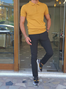 Max Slim Fit Self Patterned Zippered Polo Knitted Mustard Tees