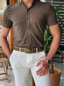 Jake Slim Fit Patterned Khaki Short Sleeve Shirt