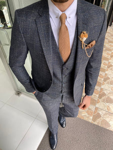 Carson Slim Fit Plaid Woolen Navy Suit