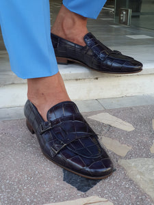 Chase Sardinelli Double Buckle Croc Navy Leather Shoes