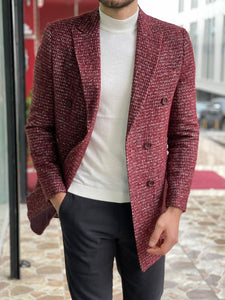 Brett Slim Fit Patterned Double Breasted Claret Red Woolen Coat