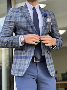 Chad Slim Fit Plaid Grey & Sax Linen Blazer