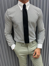 Load image into Gallery viewer, Noah Slim Fit Striped Grey Chain Collared Detailed Shirt
