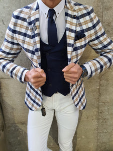 Genova Slim Fit White & Beige Plaid Suit