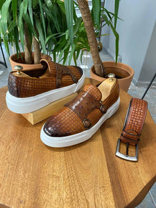Grant Black Woven Camel Buckled Leather Shoes