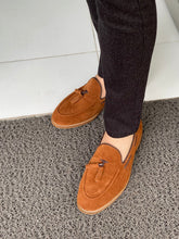 Load image into Gallery viewer, Carson Suede Tasseled Leather Tan Loafer
