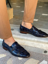 Load image into Gallery viewer, Grant Double Buckled Croc Dark Blue Leather  Loafer
