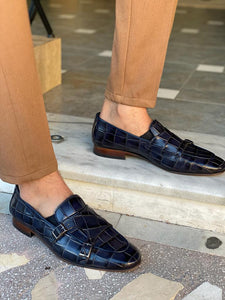 Grant Double Buckled Croc Dark Blue Leather  Loafer