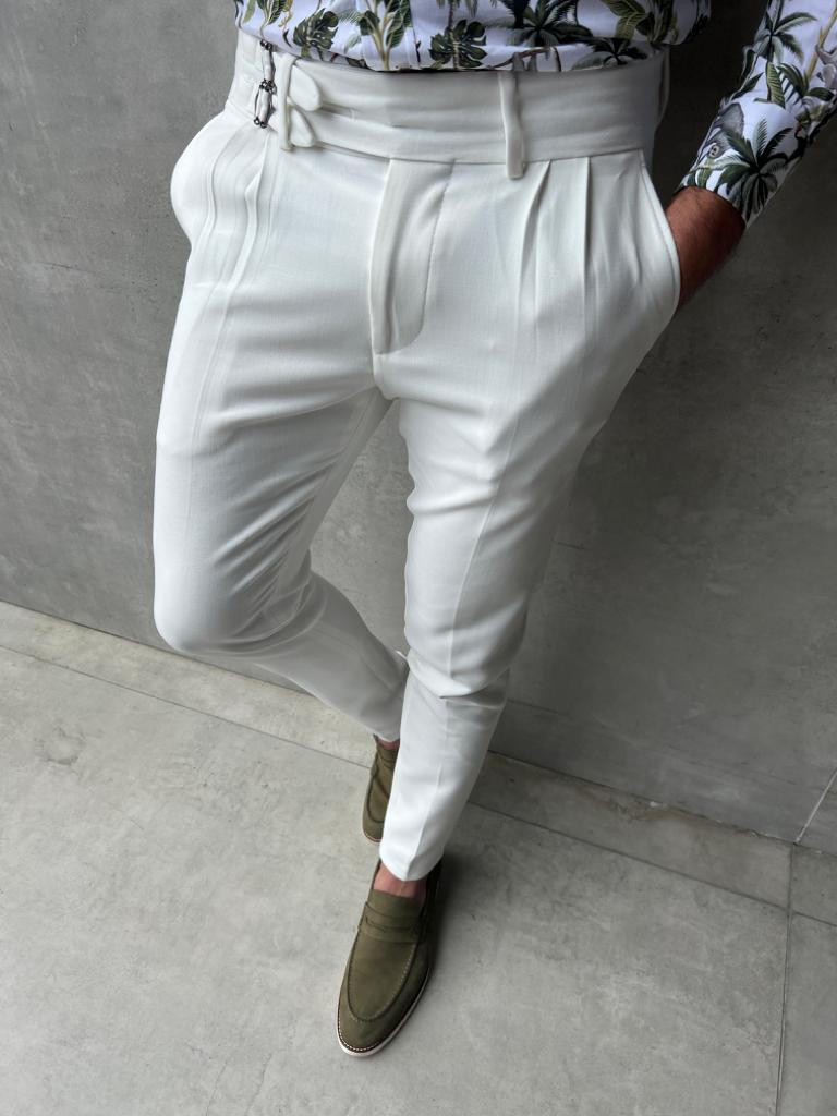 Cooper Slim Fit Pleated Waist Buckle Detailed White Pants