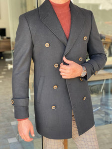 Clover Button Detailed Slim Fit Double Breasted Black Coat