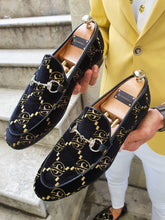 Load image into Gallery viewer, Genova Embroided Velvet Buckled Black Loafers
