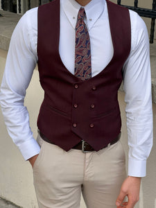 Ben Slim Fit Double Breasted Claret Red Vest