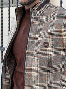 Naze Slim Fit Side Pocket Plaid Woolen Beige Coat