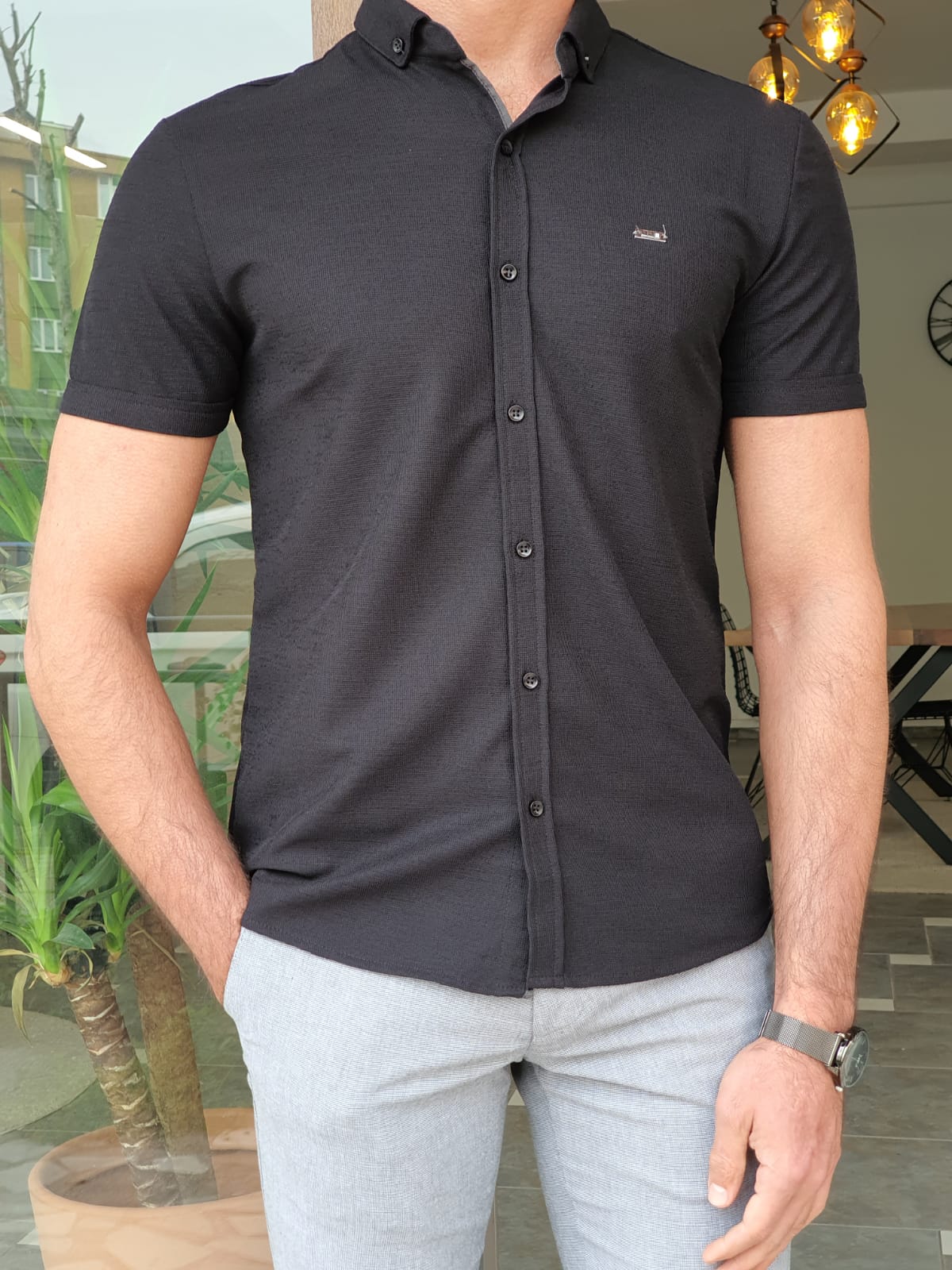 Hardol Slim Fit Self Patterned Short Sleeve Black Shirt – MCR TAILOR
