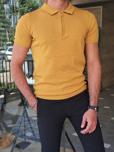 Max Slim Fit Self Patterned Zippered Polo Knitted Mustard Tees
