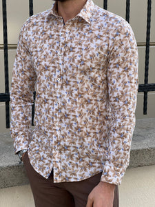Ben Slim Fit High Quality Patterned Beige Cotton Shirt