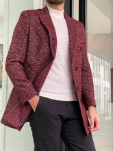 Load image into Gallery viewer, Brett Slim Fit Patterned Double Breasted Claret Red Woolen Coat
