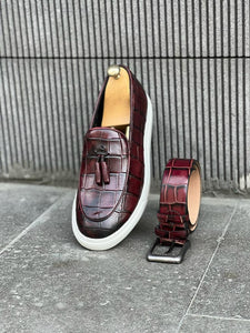 Benson Buckled Croc Detailed Burgundy Shoes