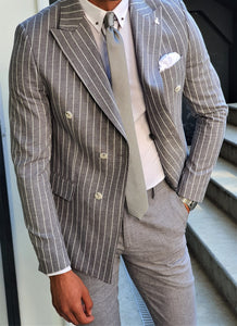 Verno Slim Fit Striped Double Breasted Grey & White Suit