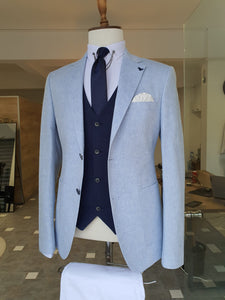 Ross Slim Fit Back Pocket Linen Blue Suit