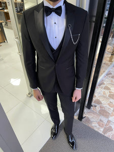 Carson Slim Fit Woolen Black Tuxedo with Dovetail Collar