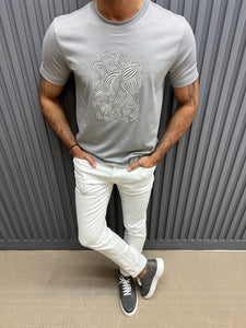 Noah Slim Fit Grey Printed Crew Neck Tees