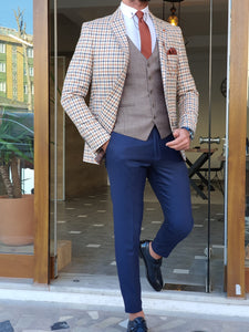 Moore Slim Fit Plaid Beige Suit