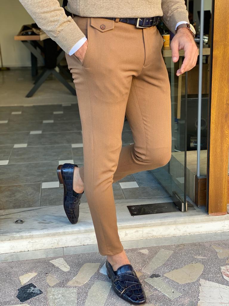 Leon Slim Fit Double Button Camel Trouser/Pants | BOJONI
