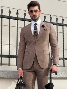 Efe Slim Fit Patterned Pointed Collared Camel Suit