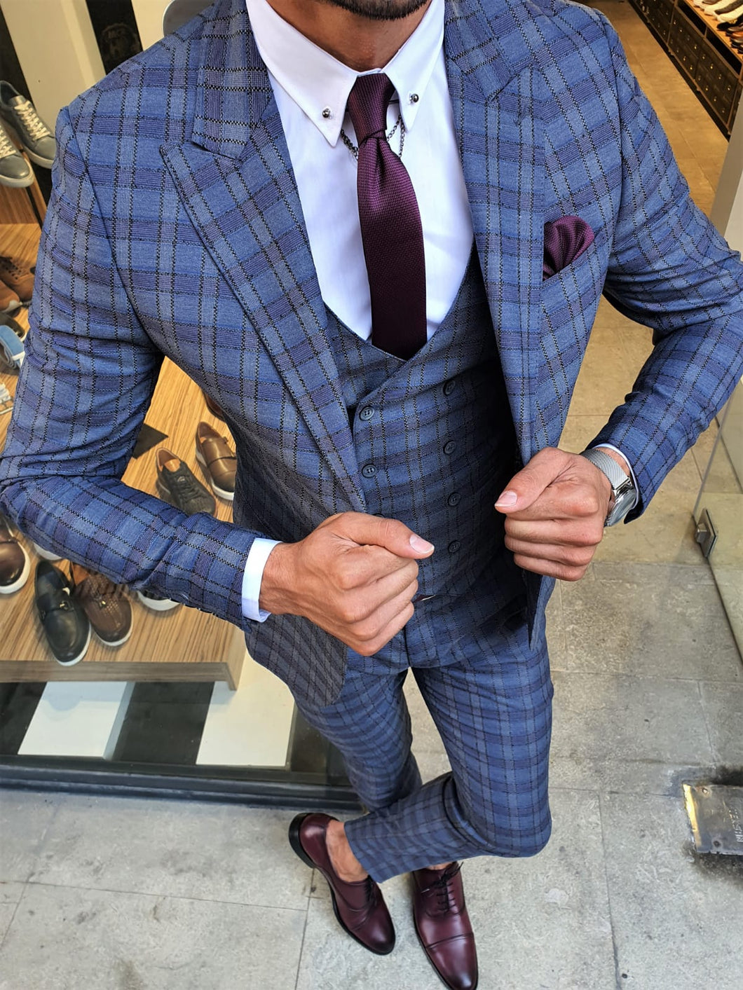 Verno Slim Fit Indigo Plaid Suit