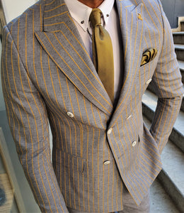 Verno Slim Fit Striped Double Breasted Grey & Yellow Suit