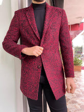 Load image into Gallery viewer, Brett Slim Fit Patterned Claret-Red Woolen Coat
