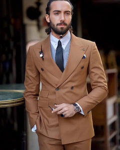 Evan Slim Fit Camel Double Breasted Suit