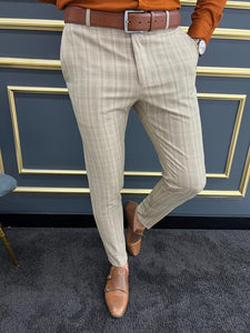 Like Slim Fit Beige Plaid Trousers