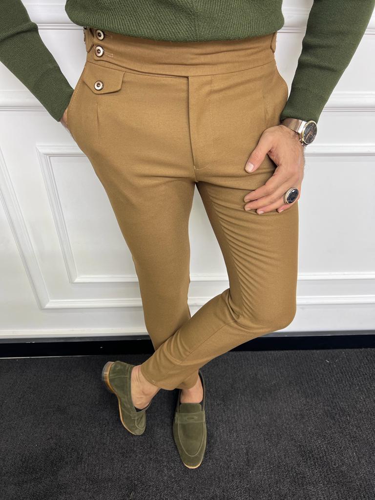 Leon Slim Fit Double Button Camel Trouser/Pants