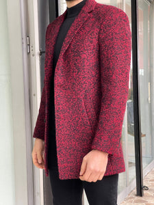Brett Slim Fit Patterned Claret-Red Woolen Coat