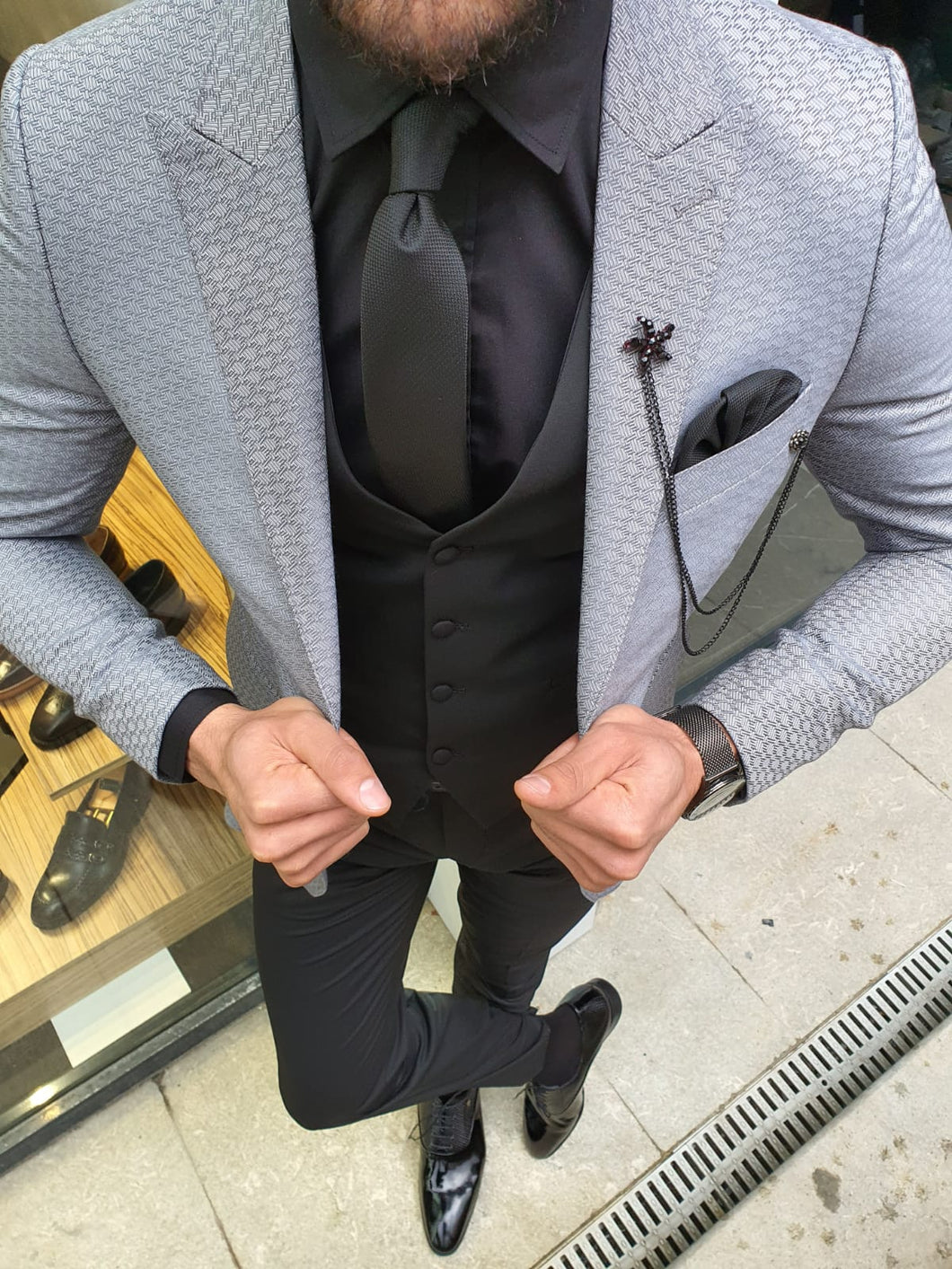 Verno Gray Slim Fit Patterned Suit