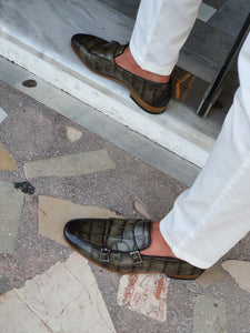 Jake Sardinelli Double Buckled Croc Khaki Leather Shoes