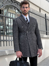 Load image into Gallery viewer, Efe SLim Fit Double Breasted Woolen Marbled Black Coat
