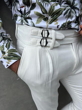 Load image into Gallery viewer, Cooper Slim Fit Pleated Waist Buckle Detailed White Pants

