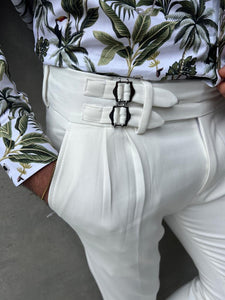 Cooper Slim Fit Pleated Waist Buckle Detailed White Pants